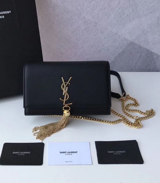 YSL Kate Black Original Smooth Real Leather Tassel Golden Metal Wallet On Chain