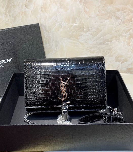 YSL Kate Black Original Croc Veins Real Leather Tassel Silver Metal Wallet On Chain