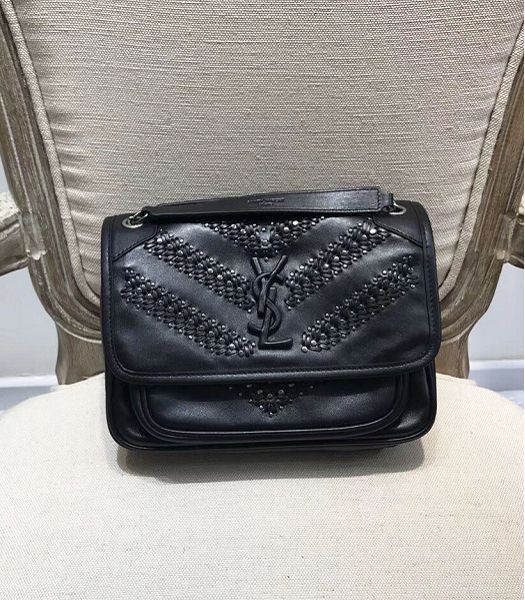 YSL Niki Baby Black Original Weave Real Leather Black Metal 22cm Shoulder Bag