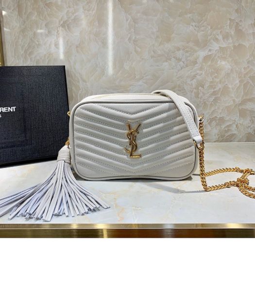 YSL White Original Caviar Matelasse Leather Golden Metal Tassel Mini Camera Crossbody Bag