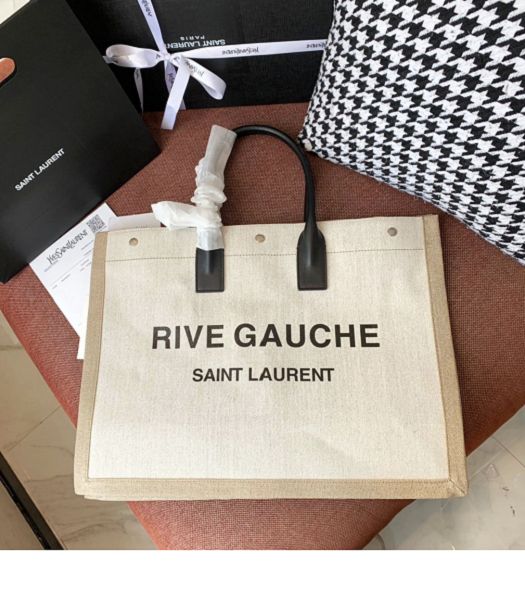 YSL Rive Gauche White Linen With Black Original Leather Large Tote Shopping Bag