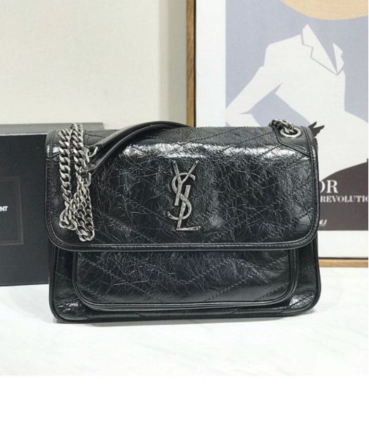 YSL Niki Baby Black Original Oil Wax Wrinkly Real Leather Silver Metal 28cm Shoulder Bag