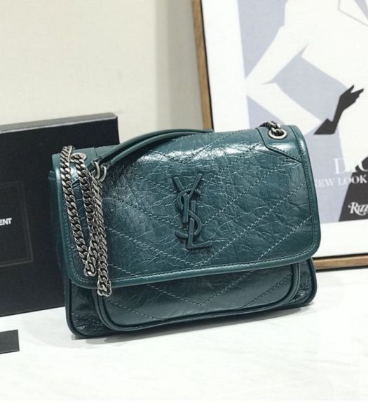 YSL Niki Baby Turquoise Original Oil Wax Wrinkly Real Leather Silver Metal 22cm Shoulder Bag