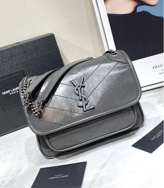 YSL Niki Baby Dark Grey Original Oil Wax Wrinkly Real Leather Silver Metal 22cm Shoulder Bag