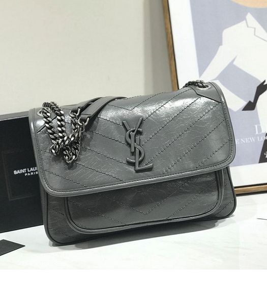 YSL Niki Baby Dark Grey Original Oil Wax Wrinkly Real Leather Silver Metal 28cm Shoulder Bag