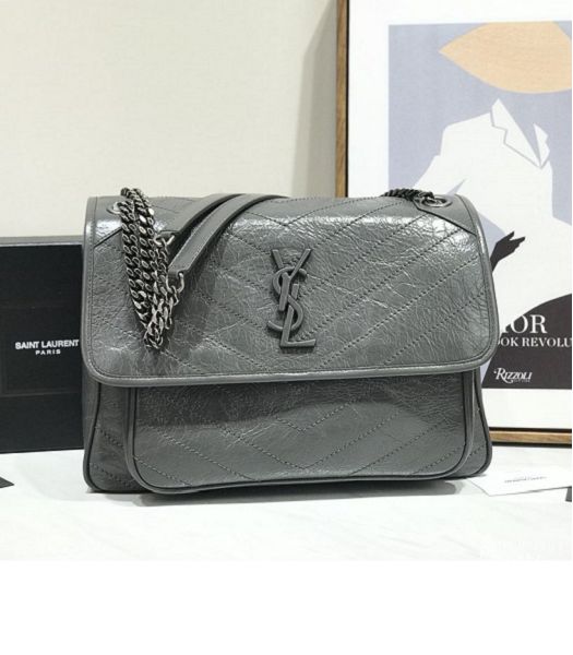 YSL Niki Baby Dark Grey Original Oil Wax Wrinkly Real Leather Silver Metal 32cm Shoulder Bag