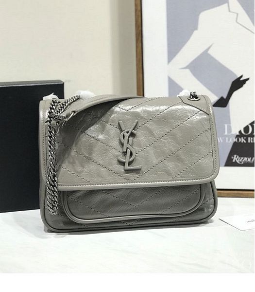 YSL Niki Baby Light Grey Original Oil Wax Wrinkly Real Leather Silver Metal 22cm Shoulder Bag