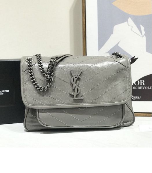 YSL Niki Baby Light Grey Original Oil Wax Wrinkly Real Leather Silver Metal 28cm Shoulder Bag