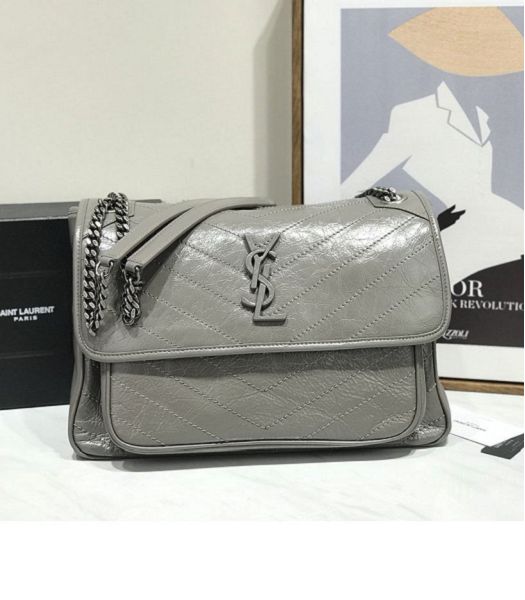 YSL Niki Baby Light Grey Original Oil Wax Wrinkly Real Leather Silver Metal 32cm Shoulder Bag