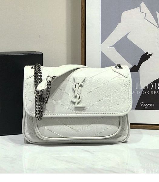 YSL Niki Baby White Original Oil Wax Wrinkly Real Leather Silver Metal 22cm Shoulder Bag