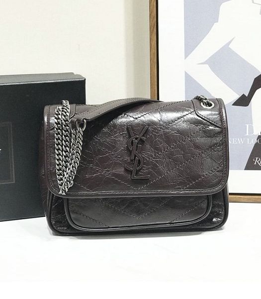 YSL Niki Baby Jujube Original Oil Wax Wrinkly Real Leather Silver Metal 22cm Shoulder Bag