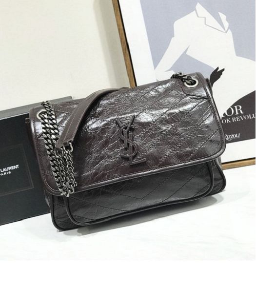 YSL Niki Baby Jujube Original Oil Wax Wrinkly Real Leather Silver Metal 28cm Shoulder Bag