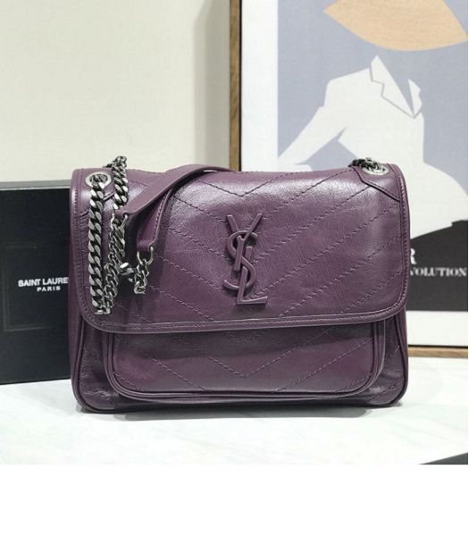 YSL Niki Baby Fuchsia Original Oil Wax Wrinkly Real Leather Silver Metal 28cm Shoulder Bag