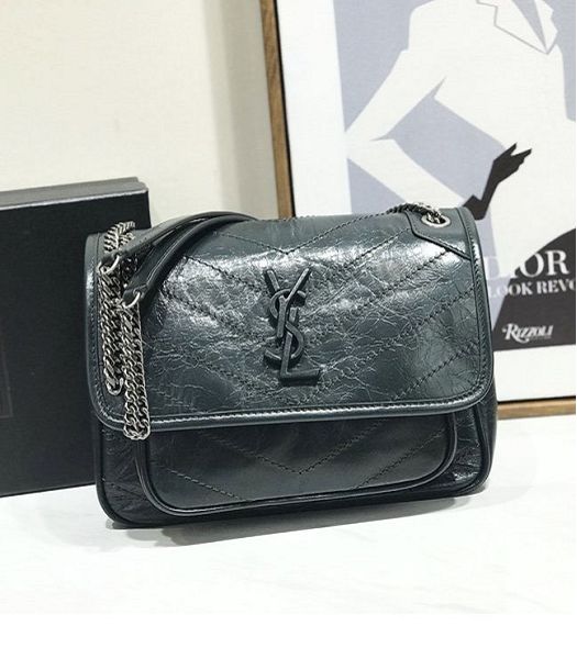 YSL Niki Baby Dark Green Original Oil Wax Wrinkly Real Leather Silver Metal 22cm Shoulder Bag