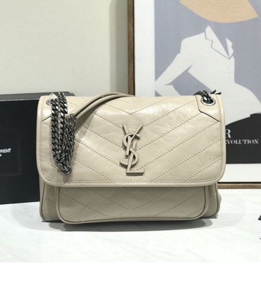 YSL Niki Baby Light Apricot Original Oil Wax Wrinkly Real Leather Silver Metal 28cm Shoulder Bag