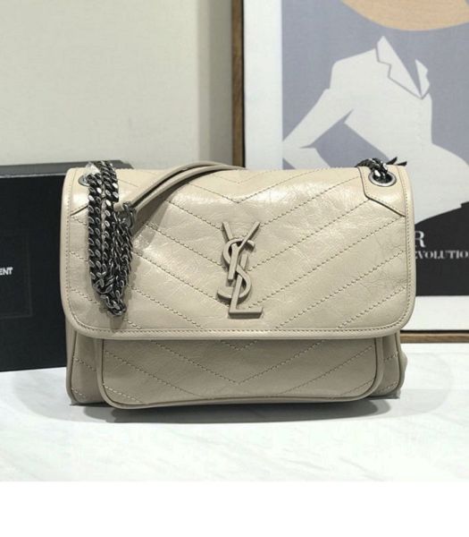 YSL Niki Baby Light Apricot Original Oil Wax Wrinkly Real Leather Silver Metal 32cm Shoulder Bag