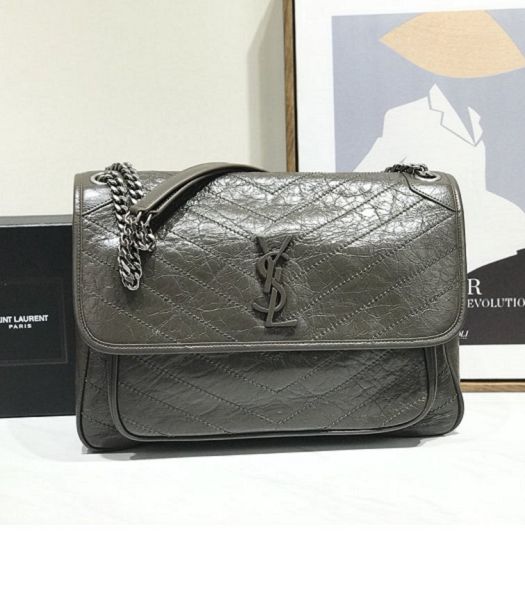 YSL Niki Baby Khaki Original Oil Wax Wrinkly Real Leather Silver Metal 32cm Shoulder Bag