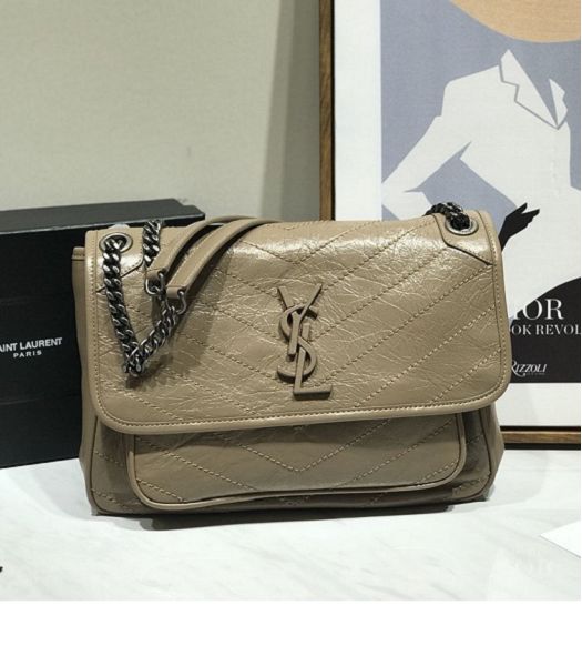 YSL Niki Baby Apricot Original Oil Wax Wrinkly Real Leather Silver Metal 28cm Shoulder Bag