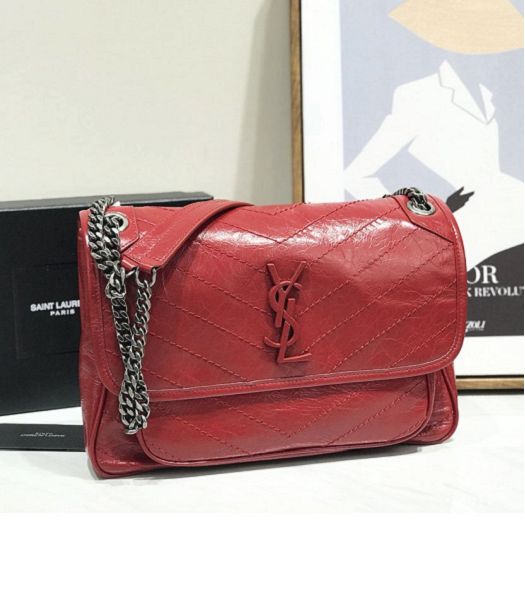 YSL Niki Baby Red Original Oil Wax Wrinkly Real Leather Silver Metal 28cm Shoulder Bag