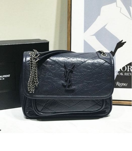 YSL Niki Baby Dark Blue Original Oil Wax Wrinkly Real Leather Silver Metal 22cm Shoulder Bag