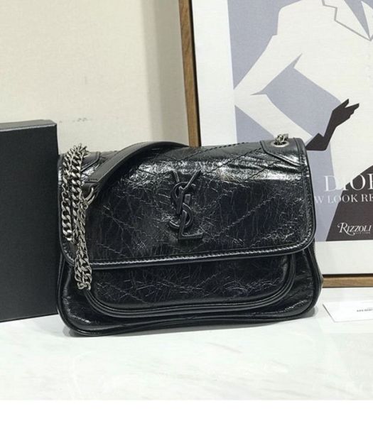 YSL Niki Baby Black Original Oil Wax Wrinkly Real Leather Silver Metal 22cm Shoulder Bag