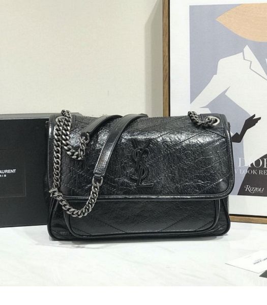 YSL Niki Baby Black Original Oil Wax Wrinkly Real Leather Silver Metal 28cm Shoulder Bag