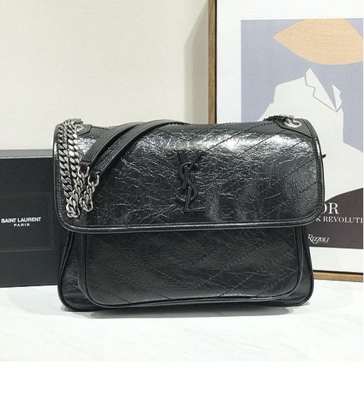 YSL Niki Baby Black Original Oil Wax Wrinkly Real Leather Silver Metal 32cm Shoulder Bag