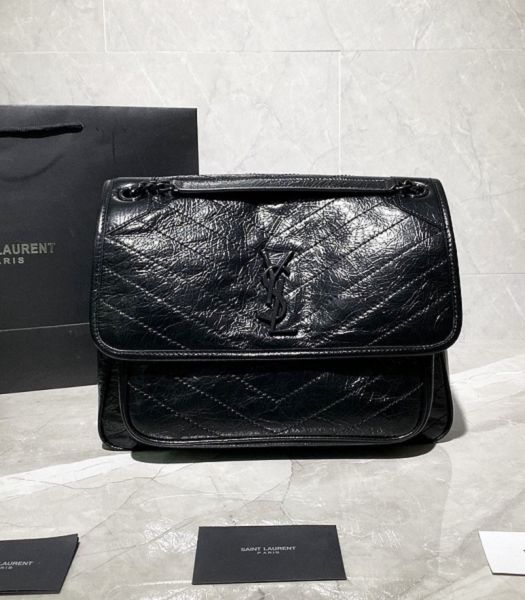 YSL Niki Baby Black Original Oil Wax Wrinkly Real Leather Black Metal 32cm Shoulder Bag