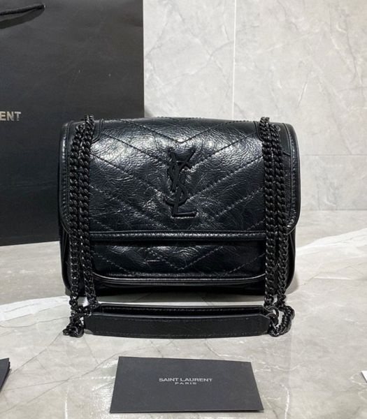 YSL Niki Baby Black Original Oil Wax Wrinkly Real Leather Black Metal 22cm Shoulder Bag