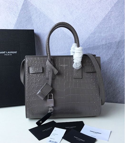 YSL Baby Sac De Jour Grey Original Croc Veins Leather 26cm Souple Duffle Tote Shoulder Bag