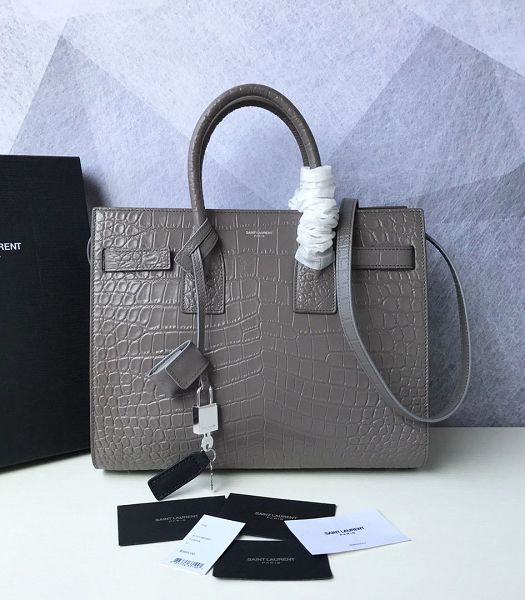 YSL Baby Sac De Jour Grey Original Croc Veins Leather 32cm Souple Duffle Tote Shoulder Bag