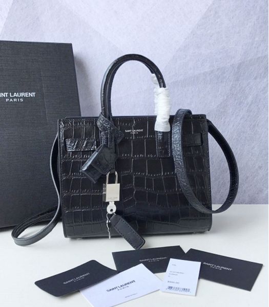 YSL Baby Sac De Jour Black Original Croc Veins Leather 22cm Souple Duffle Tote Shoulder Bag