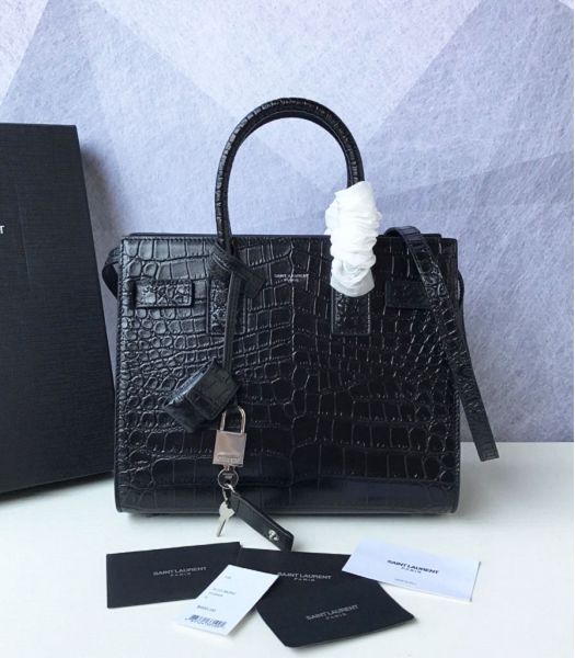 YSL Baby Sac De Jour Black Original Croc Veins Leather 26cm Souple Duffle Tote Shoulder Bag