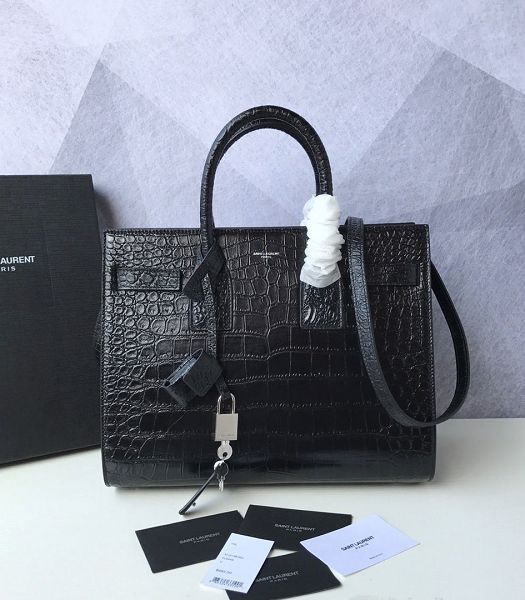 YSL Baby Sac De Jour Black Original Croc Veins Leather 32cm Souple Duffle Tote Shoulder Bag