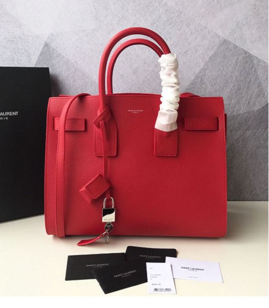 YSL Baby Sac De Jour Red Original Litchi Veins Leather 32cm Souple Duffle Tote Shoulder Bag