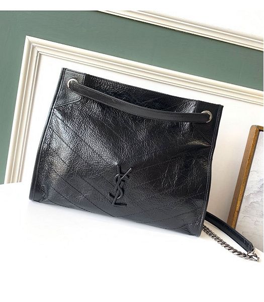 YSL Niki Black Original Oil Wax Wrinkly Real Leather Medium Shopping Bag