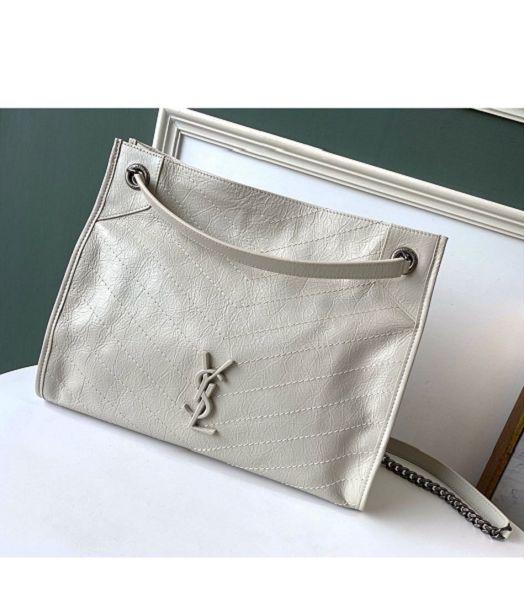 YSL Niki White Original Oil Wax Wrinkly Real Leather Medium Shopping Bag