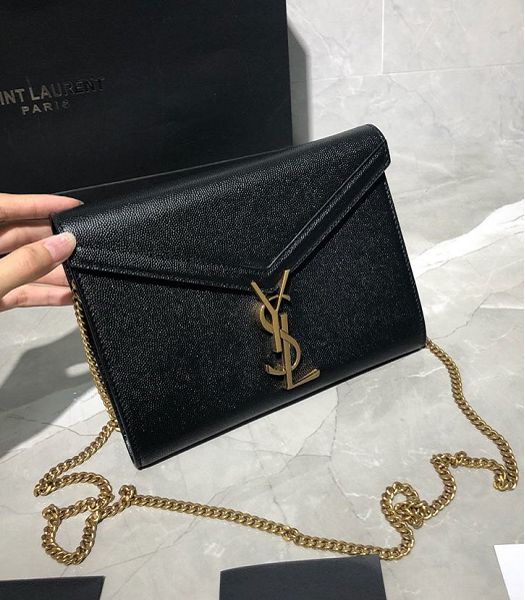 YSL Cassandra Black Original Caviar Leather Golden Metal Wallet On Chain