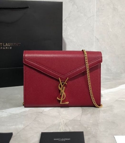 YSL Cassandra Red Original Caviar Leather Golden Metal Wallet On Chain