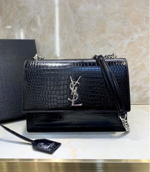 YSL Sunset Black Original Croc Veins Real Leather Silver Metal Medium Flap Shoulder Bag