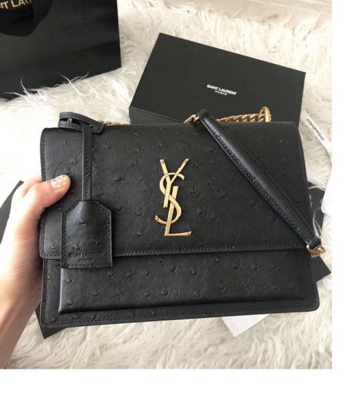 YSL Sunset Black Original Ostrich Pattern Leather Golden Metal Medium Flap Shoulder Bag