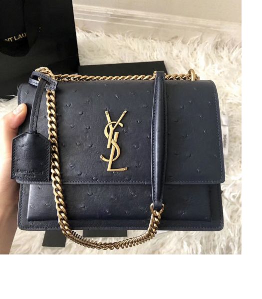 YSL Sunset Dark Blue Original Ostrich Pattern Leather Golden Metal Medium Flap Shoulder Bag