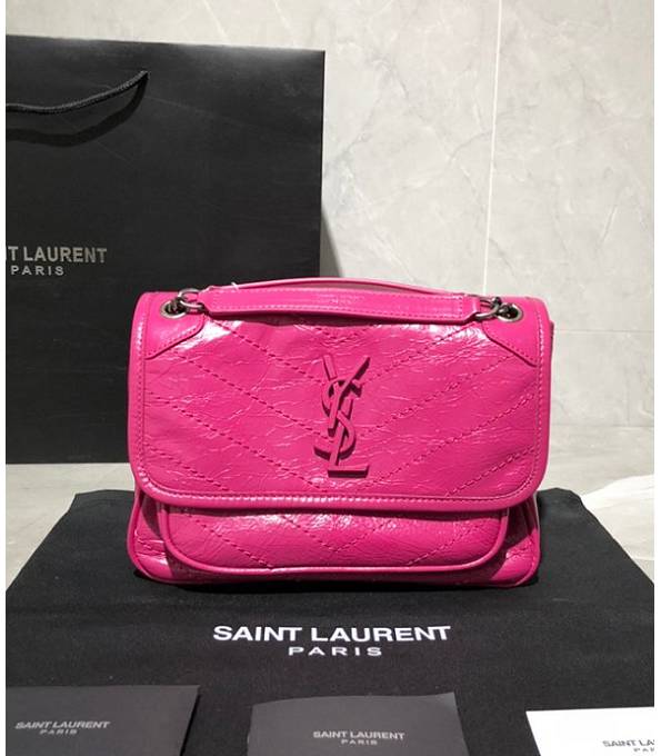 YSL Niki Baby Rose Red Original Oil Wax Wrinkly Calfskin Leather Silver Chain 22cm Shoulder Bag