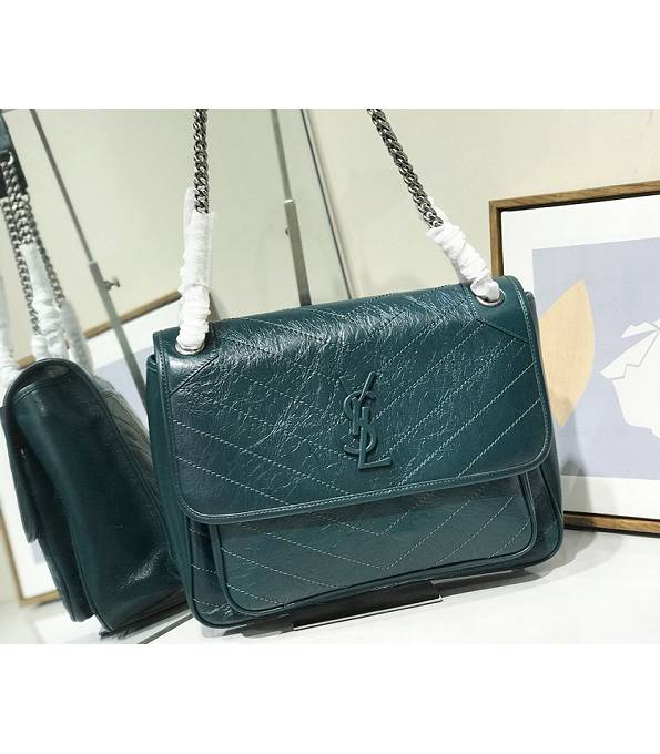 YSL Niki Baby Turquoise Green Original Oil Wax Wrinkly Calfskin Leather Silver Chain 32cm Shoulder Bag