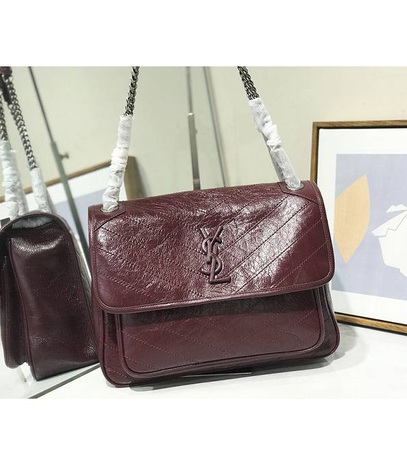 YSL Niki Baby Wine Red Green Original Oil Wax Wrinkly Calfskin Leather Silver Chain 32cm Shoulder Bag