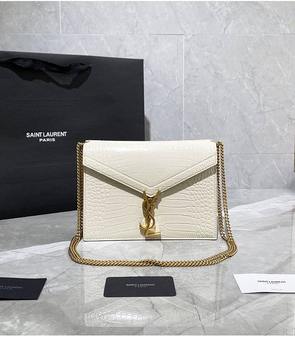 YSL Cassandra White Original Croc Veins Calfskin Leather Golden Chain Small Clasp Bag