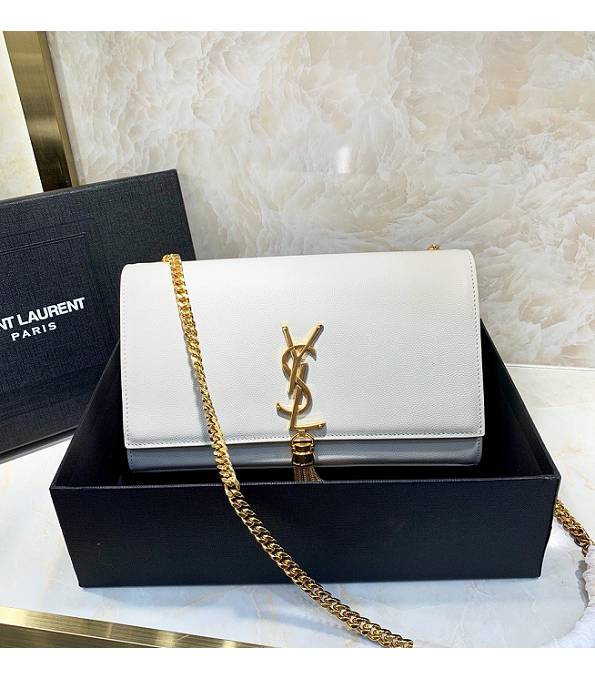 YSL White Original Caviar Veins Calfskin Leather Golden Chain Tassel 24cm Small Monogram Bag