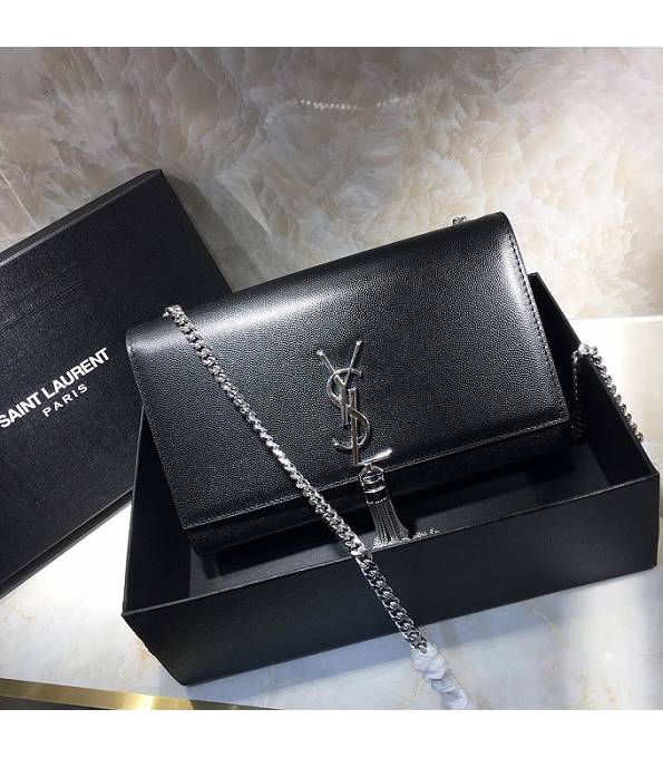 YSL Black Original Caviar Veins Calfskin Leather Silver Chain Tassel 24cm Small Monogram Bag