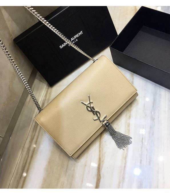 YSL Apricot Original Caviar Veins Calfskin Leather Silver Chain Tassel 24cm Small Monogram Bag