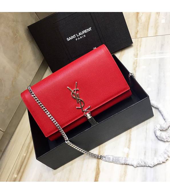 YSL Red Original Caviar Veins Calfskin Leather Silver Chain Tassel 24cm Small Shoulder Bag